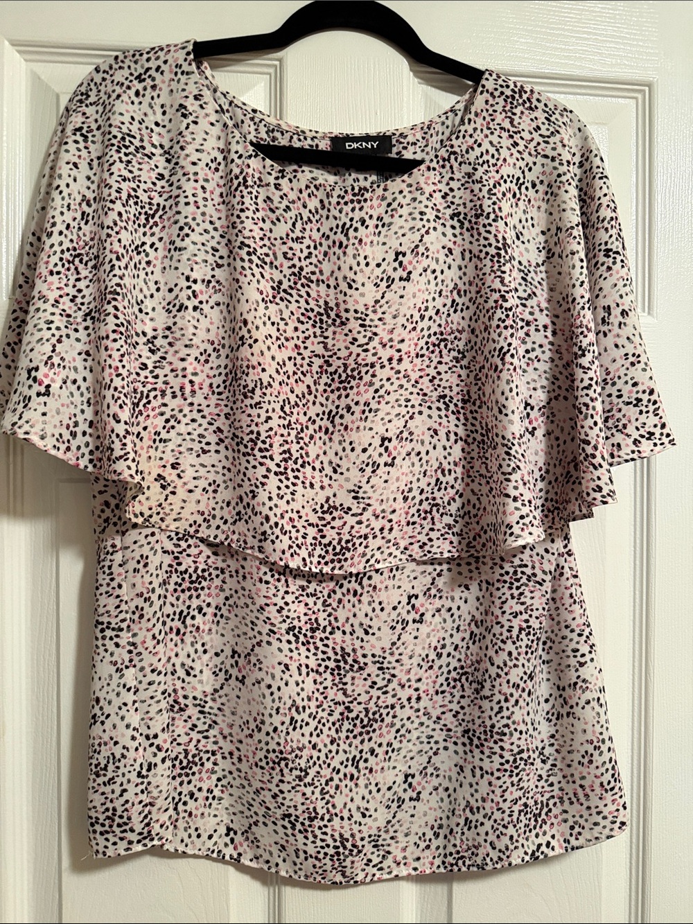 DNKY Blouse with a Pink, Black and Gray Pattern on a White Background. Size M